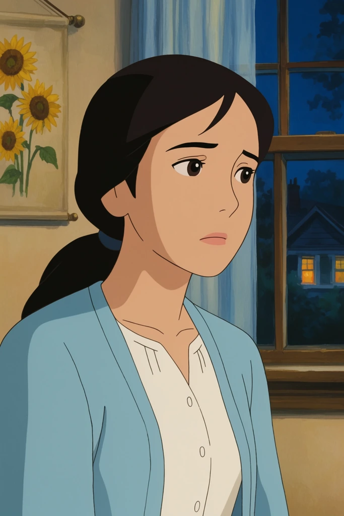 A traditional 2D animated portrait of a pensive young woman with dark hair in a low ponytail, wearing a light blue cardigan over a white blouse. Rendered with flat cel shading, she gazes off-screen against a softly painted indoor background. A wall hanging illustrating three yellow sunflowers rests on the beige wall to her left. On her right, a wooden-framed window with light blue curtains reveals a deep blue night sky, dark tree silhouettes, and a neighboring house illuminated by warm glowing light.