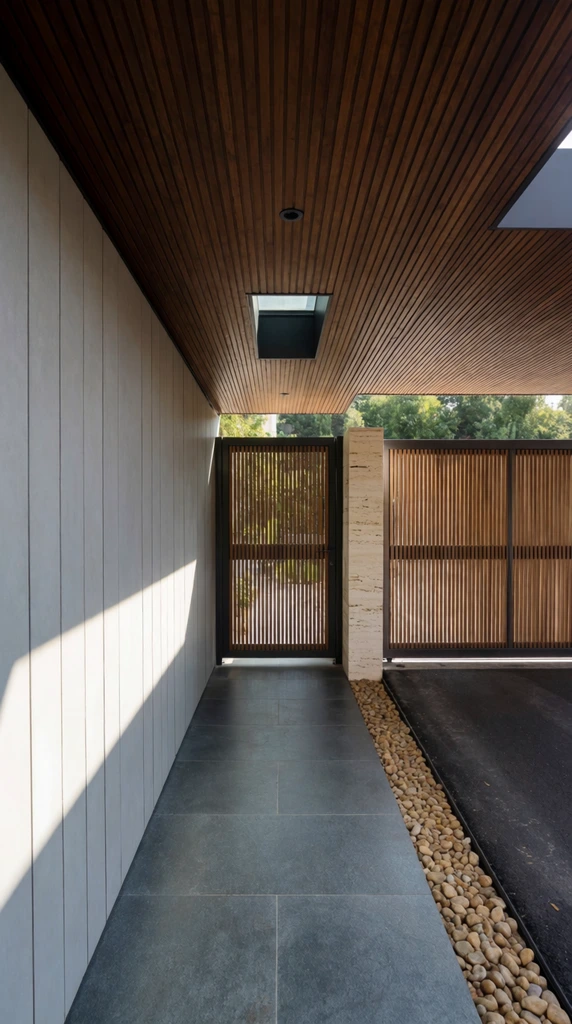 A modern exterior entranceway defined by rigorous geometric lines and natural textures. A deep brown wooden slatted ceiling stretches overhead, featuring a small rectangular skylight. On the left, a wall of light grey vertical panels is illuminated by a sharp diagonal beam of sunlight. A smooth, dark grey stone pathway leads directly to a pedestrian gate of vertical wooden slats set in a black metal frame. The path is bordered by a narrow trench of tan river rocks, separating it from a textured beige stone pillar and a dark asphalt driveway. To the right, a wider matching sliding gate encloses the space, with glimpses of lush green foliage beyond. The architectural photography emphasizes strong linear perspective, sharp focus, and high-contrast daylight.