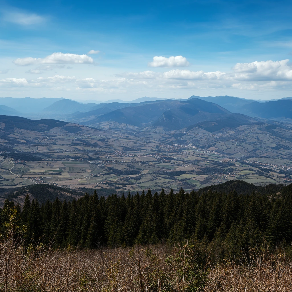 expansive mountain valley landscape from a high vantage point, dark green pine forest and dry brush in foreground, sprawling valley with patchwork fields and scattered villages, distant overlapping mountains in blue atmospheric haze, bright sky with scattered cumulus clouds, sweeping panoramic photography