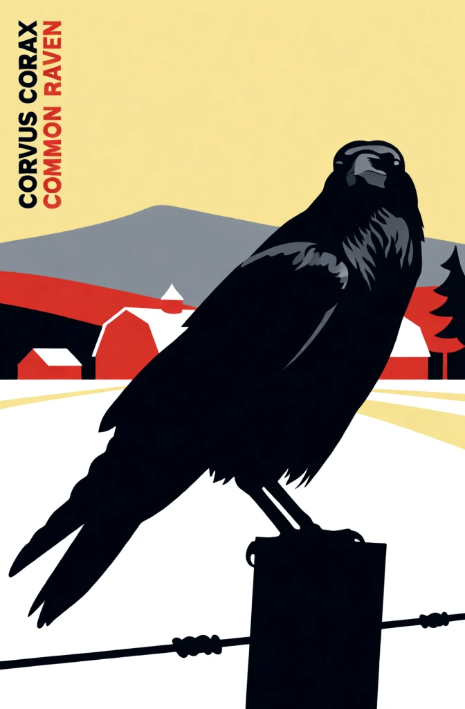 Portrait of a Common Raven resting on a fence, a farm in the background. In the style of minimalist, vector design, flat illustration, poster design, dynamic perspective.