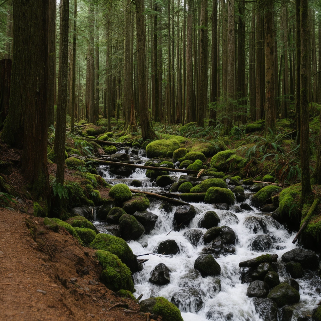 cascading rocky stream in a dense old-growth forest, frothy white water tumbling over dark wet stones, vibrant green moss blanketing rounded boulders, small decaying logs crossing the waterway, towering straight conifer trunks filling the deep woodland background, scattered ferns, earthy brown dirt bank on the lower left, soft diffused natural canopy lighting, deep depth of field, realistic landscape photography, vertical framing