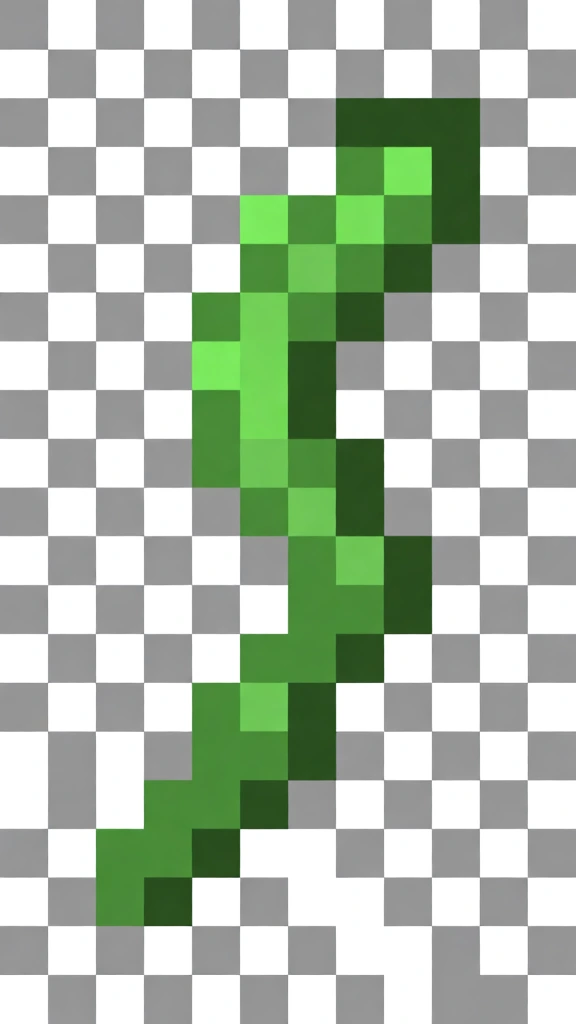 A pixelated green vine icon with a branching, irregular shape is centered against a grey and white checkered transparency background. The main subject is a cluster of green pixels forming a tangled, vertical vine-like structure. This sprite is composed of various shades of green, including dark forest green, medium leaf green, and olive tones, which are arranged in a 16 by 16 grid typical of low-resolution digital assets. The pixel arrangement creates an asymmetrical silhouette with two primary vertical masses connected by thinner diagonal segments, leaving several transparent gaps within the internal structure. Small, jagged branches protrude from the sides, contributing to its organic, plant-like appearance. The background consists of a uniform digital transparency grid with alternating white and light grey squares. The image is rendered as a flat, two-dimensional pixel art sprite viewed from a direct front-facing perspective. The lighting is non-directional and flat, with the variation in pixel colors providing a sense of internal texture and depth without any external shadows. All edges are sharp and pixelated, adhering strictly to the square grid format.