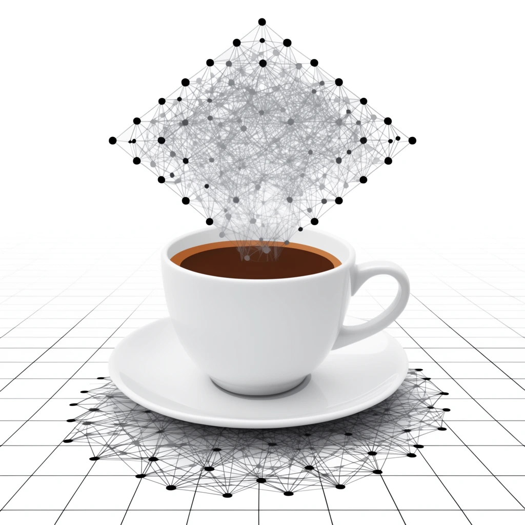 A conceptual digital illustration features a classic white ceramic coffee cup and saucer resting on a stark white surface marked with a black perspective grid. From the dark brown coffee inside the cup rises a complex, three-dimensional geometric network of solid black nodes connected by intricate, thin gray lines, forming a dense, diamond-shaped digital cloud in place of steam. Beneath the saucer, a corresponding circular network of identical nodes and intersecting lines creates an intricate, shadow-like reflection mapped onto the grid plane. The composition uses clean vector-style rendering, high-key lighting, and a minimalist color palette restricted to stark white, black, gray, and warm brown, creating a surreal intersection of an everyday object and abstract data visualization.
