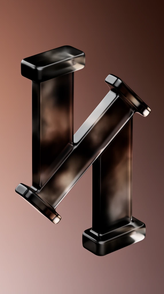 three-dimensional geometric structure, two thick vertical pillars connected by a diagonal crossbar, flat rectangular caps projecting from the pillar ends, smooth rounded beveled edges, dark glossy material resembling polished obsidian or heavily tinted translucent glass, surface exhibiting soft clouded reflections in shades of black and muted bronze, smooth gradient background transitioning from warm dusty rose to deep mocha brown, soft studio lighting with broad diffuse specular highlights, minimalist composition, high-end 3D product rendering