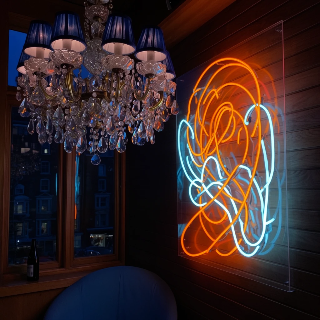 An ornate crystal chandelier hangs near a bright neon art piece in a dimly lit, wood-paneled lounge overlooking an evening street. The fixture features multiple tiers of cascading teardrop crystals and small lamps covered with navy blue fabric shades. To the right, a vibrant neon wall sculpture is mounted on a clear acrylic backing against horizontal dark wood paneling, glowing with flowing abstract lines in vivid orange and icy cyan. In the lower left foreground, the curved back of a blue upholstered chair rests below a wooden window frame. A dark evening cityscape with lit building windows reflects softly on the glass pane beside a dark glass bottle on the sill. The low-light photography captures a moody atmosphere, contrasting the warm neon glow with the cool twilight ambiance.