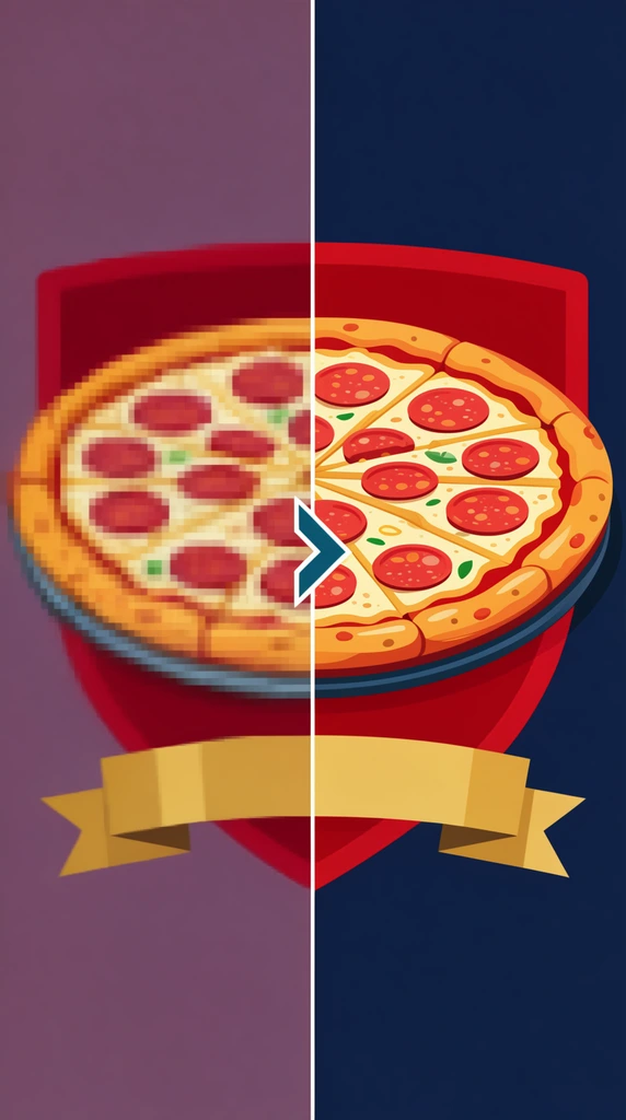 Split-screen graphic comparing image quality, left side pixelated and blurry illustration of a pepperoni pizza, right side crisp vector illustration of the identical pizza, angled perspective, red shield-like crest backdrop, gold ribbon banner below, left background muted purple, right background deep navy blue, central transitional arrow, flat digital style, commercial art