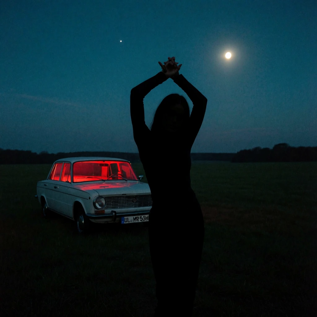 A person stands as a solid black silhouette in the center of a dark open field at twilight with their arms raised and hands interlocked above their head. The individual is dressed in form-fitting dark clothing and occupies the foreground, facing towards the viewer but completely obscured by shadow. To the left and slightly behind the person, a white vintage sedan is parked on the grass, its interior saturated with a vivid, glowing red light that illuminates the windows. The front of the car features a chrome bumper and a license plate with the black text "UL MR 53H" on a white background. The surrounding environment is a vast, dark field that stretches toward a distant, silhouetted treeline under a deep teal and navy blue sky. A bright, diffused moon hangs in the upper right portion of the sky, while a single, tiny point of light is visible higher up and to the left of the person's hands. The composition is centered, using a low-light photography technique with a grainy texture and a color palette dominated by dark blues and blacks, contrasted sharply by the red glow from the car.