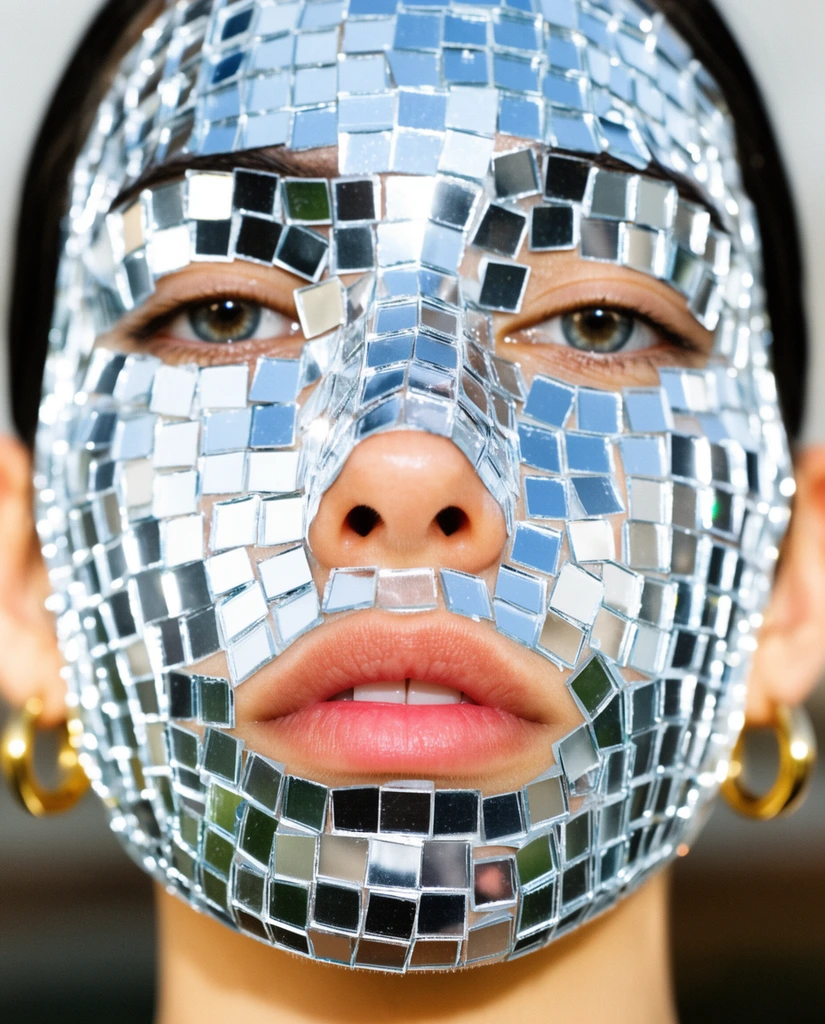extreme close-up portrait, face masked in small silver mirror tiles, exposed natural nose and lips, gold hoop earrings, bright metallic reflections, blurred background
