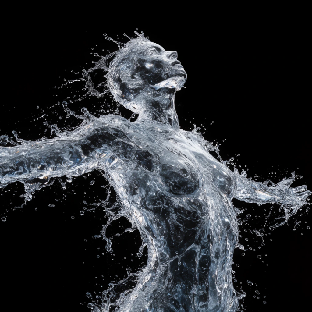 Human figure composed entirely of splashing water, dynamic pose with arms outstretched and head tilted back, translucent crystalline liquid mimicking human anatomy, suspended droplets and intricate splashes mid-air, solid black background, high-speed photography effect, dramatic high-contrast lighting, surreal fluid dynamics, macro water texture details