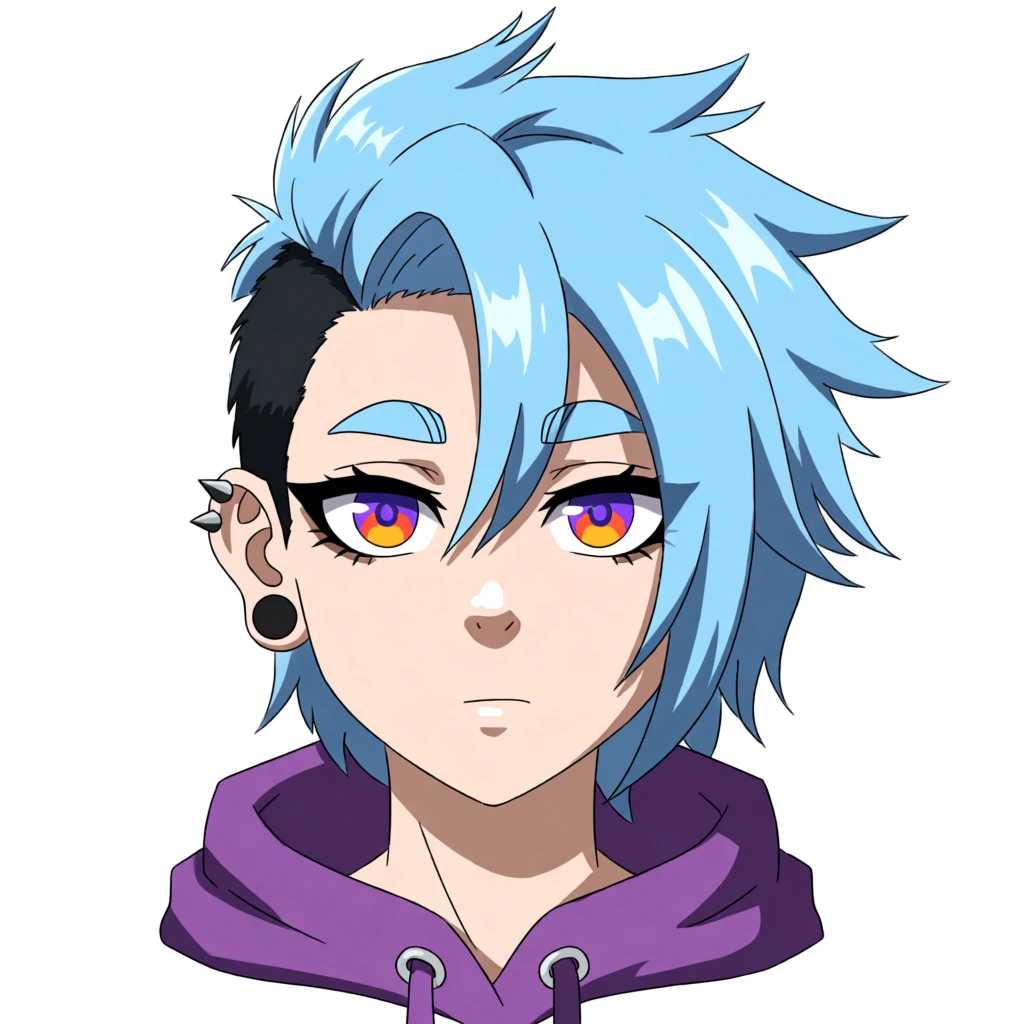 A bust-up digital illustration of an anime character with a neutral expression is set against a solid white background. The character features voluminous, spiky light blue hair that sweeps over the right side of their face, accented with bright white highlights. The left side of their head is shaved close in a black undercut, revealing a pale ear adorned with two silver spiked piercings on the helix and a black circular gauge in the earlobe. Thick, short, light blue eyebrows sit above large eyes lined with heavy black eyeliner and lashes. Their irises are primarily purple with vibrant orange and yellow centers. The character has pale skin, a small nose with a white highlight on the tip, and a small, straight-lined mouth. They are wearing a purple hoodie with the hood pulled down around their neck, showing two silver grommets near the center. The artwork features clean black line art and simple cell shading, with a clear light source coming from the upper left that casts shadows on the right side of the character's face, neck, and within the folds of the hoodie.