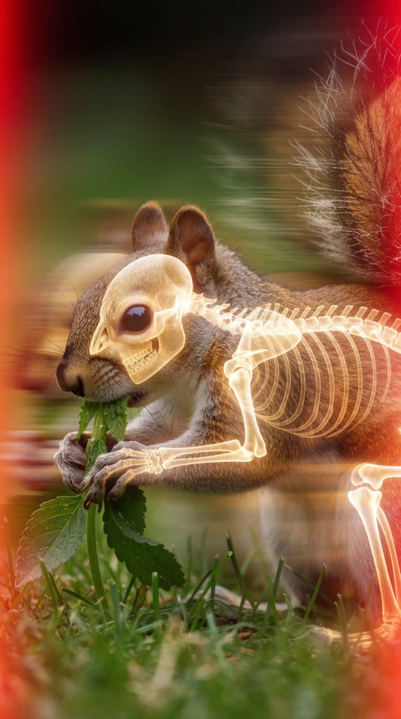 A profile macro shot of a squirrel foraging in grass, featuring a glowing skeletal overlay and heavy motion blur. The brown squirrel grips a leafy green plant with its paws while a luminous, semi-transparent x-ray skeletal structure is superimposed over its body, emitting a warm golden glow. The foreground holds sharply focused grass, while the background is abstracted by intense horizontal motion blur streaks. Heavy light leaks create vivid crimson gradients along the edges, contrasting with the ethereal anatomy.