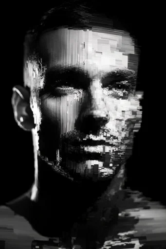 Monochrome Glitch Noir style reference image — corrupted data aesthetic