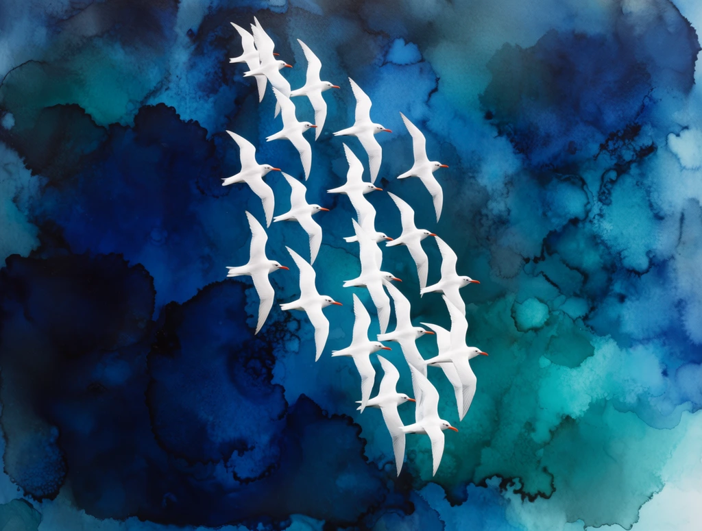 flock of pure white seabirds with slender wings and bright orange beaks, flying in a downward curved formation, set against a rich abstract fluid art background, deep oceanic color palette featuring dark navy blue, cerulean, and vibrant teal, organic alcohol ink textures, blooming watercolor edges, branching patterns resembling turbulent deep water, high contrast between the crisp detailed birds and the soft mottled wash, vertical composition, dynamic overhead perspective