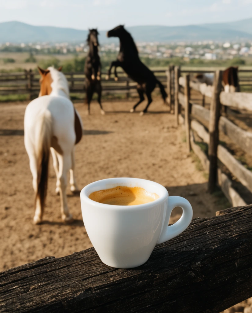 A white ceramic espresso cup with golden crema rests in sharp focus on a weathered dark wooden fence rail. The shallow depth of field blurs the background, revealing a sunlit dirt paddock enclosed by rustic fencing. Several horses stand in the midground, including a white and brown horse facing away, while two dark horses rear up in the distance against a soft landscape of a town and hills under a bright sky. The composition emphasizes warm natural lighting and earthy tones.