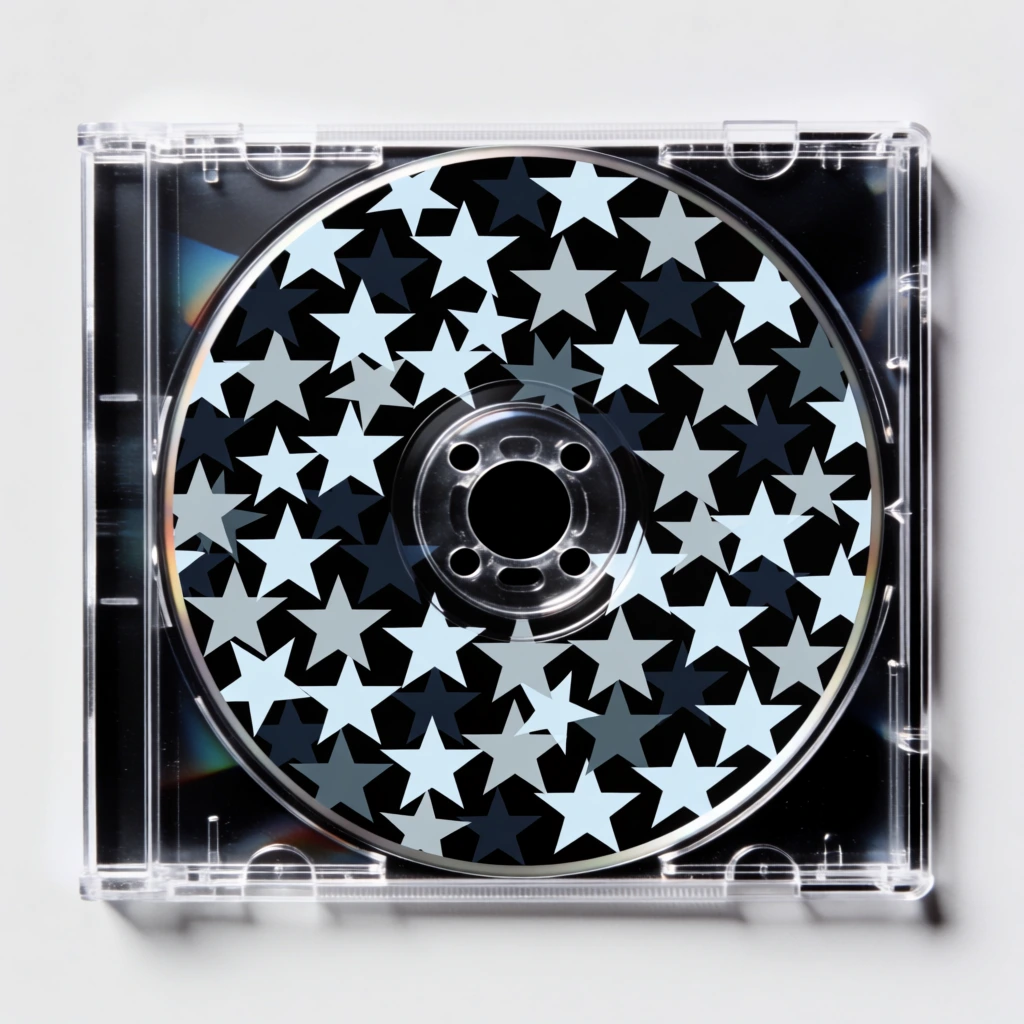 A top-down photograph displays a transparent square plastic jewel case containing a circular disc decorated with a dense pattern of stars against a solid black background. The disc features an all-over motif of overlapping five-pointed stars in varying shades of icy blue, pale grey, and dark navy, creating a layered and textured appearance. These stars differ in size and orientation, filling the entire surface area of the disc except for the central hub. At the very center of the disc is a solid black circular spindle hole, which is surrounded by a clear plastic ring containing four small, circular perforations arranged in a square formation. The transparent jewel case shows clear plastic hinges on the left side and structural ridges along its edges that catch the light, producing sharp white highlights. The composition is centered and symmetrical, captured from a flat-lay perspective with even, bright lighting that emphasizes the glossy textures of the plastic and the cool, monochromatic color palette of the disc's pattern. No text is present on the object or in the scene.