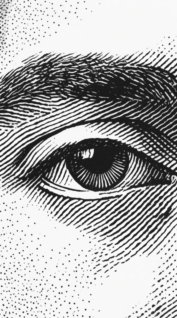 An extreme black-and-white close-up of a human eye and eyebrow rendered in a stark, traditional engraving style. Dense, flowing parallel lines define the heavy shadows of the brow ridge and the sharp contours of the eyelid against a white background. Scattered stippled dots of varying sizes create a subtle skin gradient on the left. The high-contrast graphic technique mimics vintage newspaper halftone printing, using wavy ink strokes of alternating weights to transform facial features into bold, textured geometric patterns.