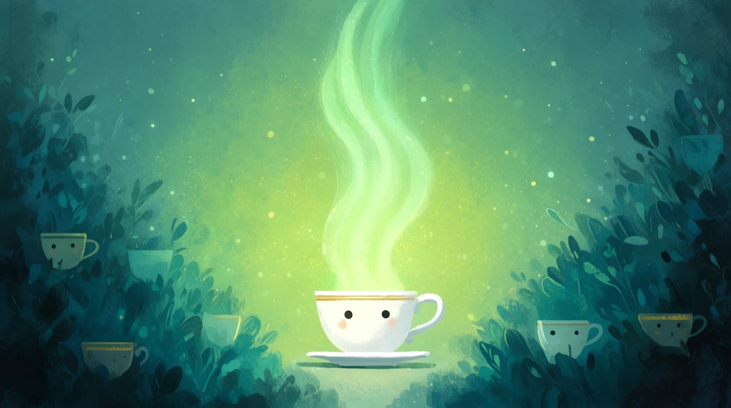 White teacup with dot eyes emitting tall glowing green steam, dark teal foliage with hidden small cups, luminous central glow, floating dust motes, whimsical painterly art