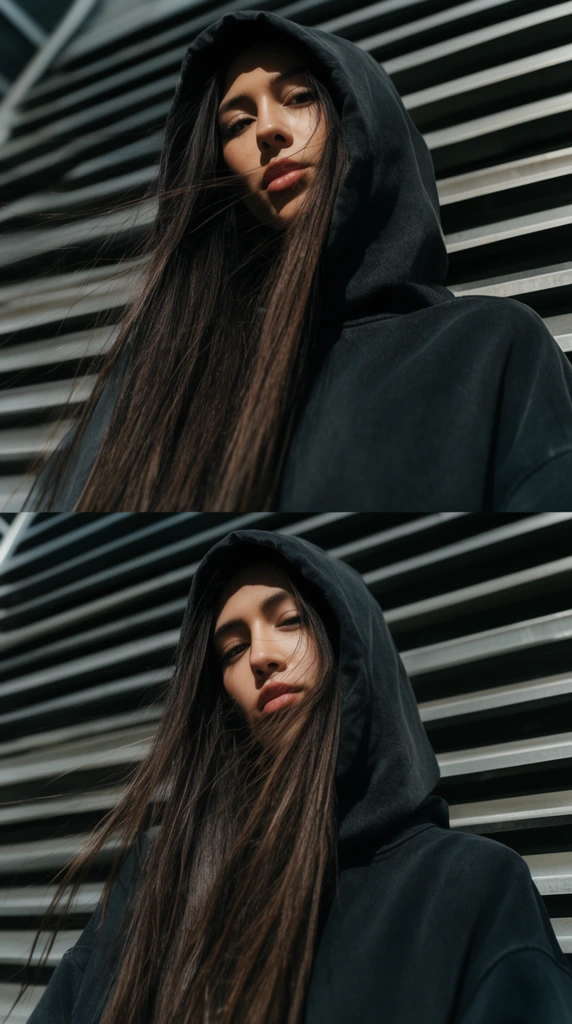 Split-panel urban portrait of a woman wearing a dark oversized hoodie with the hood raised. Her long straight hair blows across her face. She stands against horizontal metal louvers, captured from a low angle with high-contrast dramatic lighting.