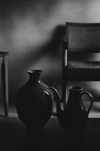 Cinematic Monochrome Minimalism style reference image — heavy film grain