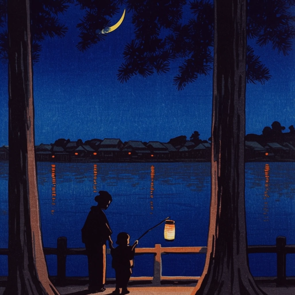 traditional woodblock print of a serene night scene, silhouetted adult and child by a wooden railing, child holding a glowing lantern on a stick, framed by massive dark tree trunks, deep indigo water, distant shoreline of dark houses, warm orange lights reflecting on the calm surface, rich blue night sky, thin yellow crescent moon behind dark pine foliage, flat graphic shapes, ukiyo-e aesthetic