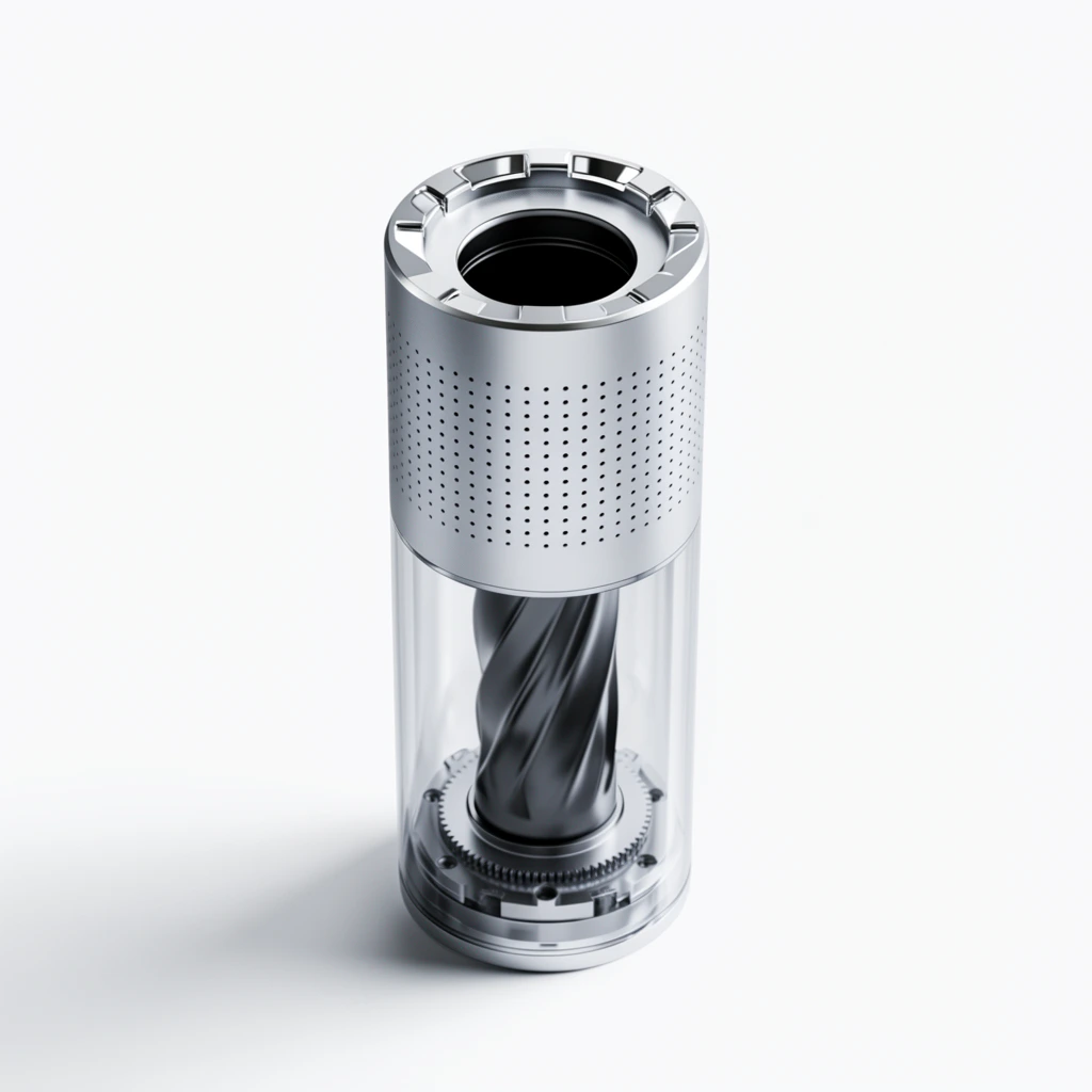 A cylindrical industrial component rests upright against a stark white background. The device features a matte silver upper segment detailed with a precise grid of tiny ventilation holes, topped by a polished, notched rim surrounding a dark central aperture. A transparent cylindrical lower housing reveals a dark, twisted internal core resting on a geared base. Illuminated by soft studio lighting that casts a subtle shadow to the lower left, the image employs a clean, high-fidelity 3D product render aesthetic with a monochromatic silver and white palette.