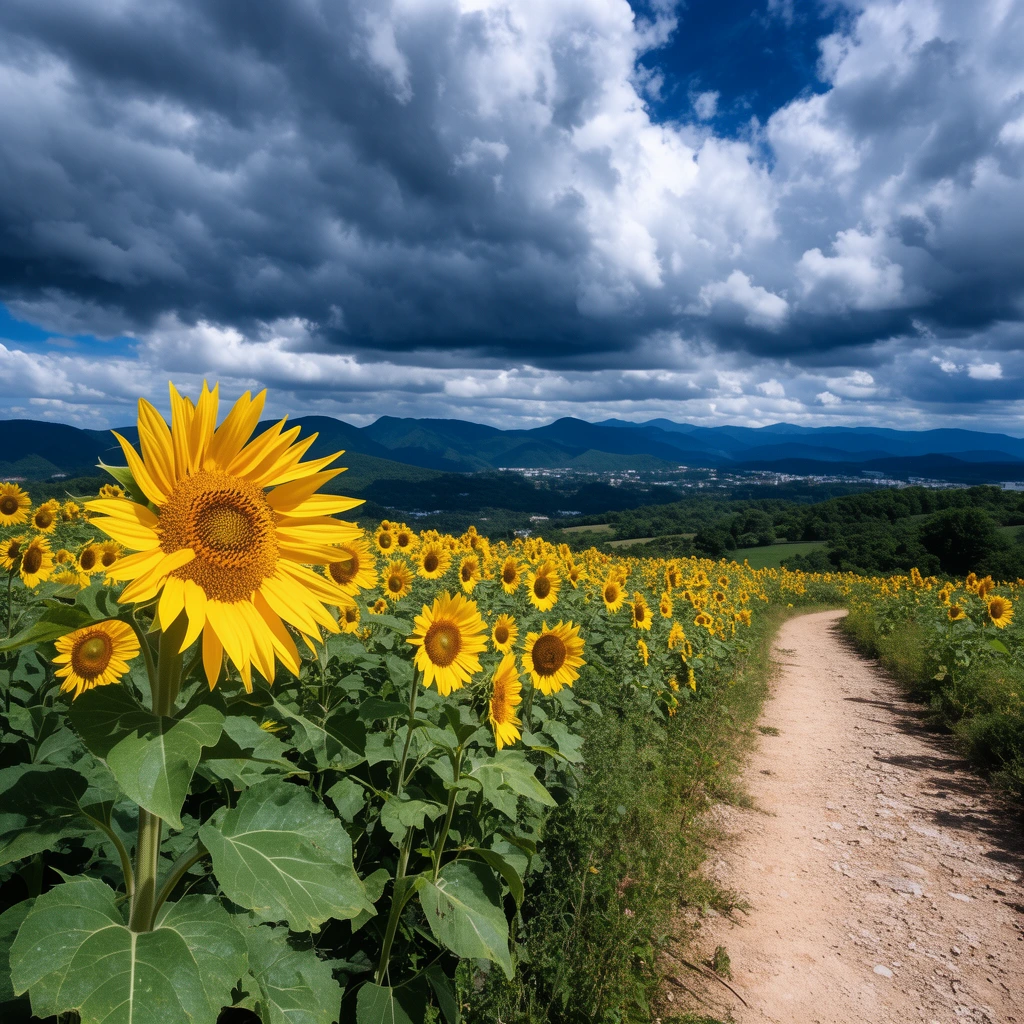 A winding dirt path borders a wild sunflower field under a dramatic, cloud-heavy sky. A prominent yellow sunflower leans left toward the trail, while the dense flora faces distant green hills, a scattered town, and blue mountains. Vibrant wide-angle landscape photography captures striking scale.