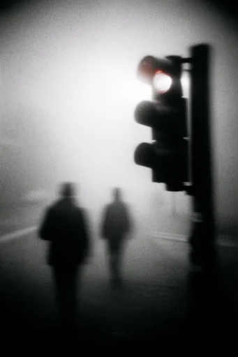 Atmospheric Monochromatic Noir style reference image — heavy film grain