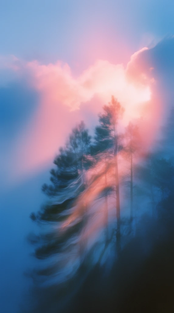 Pine trees under clouds rendered in an ethereal, long-exposure photography style characterized by profound motion blur and vibrant, dual-toned atmospheric lighting. The pine trees stand as towering, semi-translucent silhouettes, their branches and needles softened into sweeping, liquid-like wisps of dark blue and deep cyan that streak gracefully across the frame. Above and behind the treeline, heavy clouds act as a brilliant focal light source, radiating an intense, warm peach, magenta, and soft pink luminescence. This bright, warm light bursts through the cloud cover and bleeds heavily around the dark edges of the pines, creating a dramatic, glowing halation effect. The surrounding environment is completely submerged in a heavy, diffuse azure blue haze, establishing a striking color contrast against the central pink and peach glow. The composition features gradient washes of color and smooth, ethereal light blending, achieved through a soft focus and an extended shutter speed that smears the forms into abstract, luminous gradients enhanced by a subtle analog film grain.