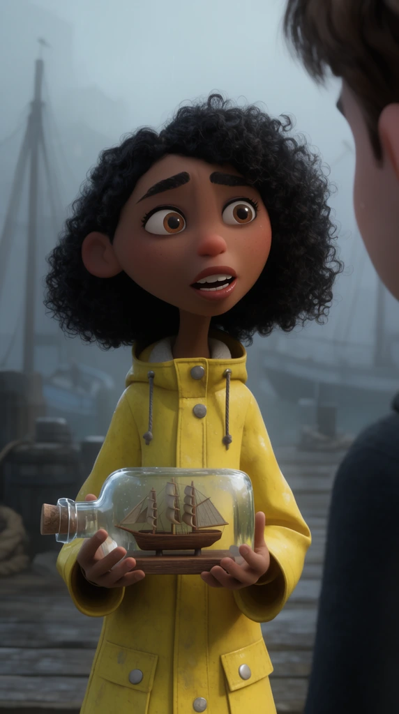 slender girl with curly black hair in a yellow raincoat holding a wooden ship in a bottle, speaking to a partially framed figure, misty harbor dock, cinematic lighting, shallow depth of field