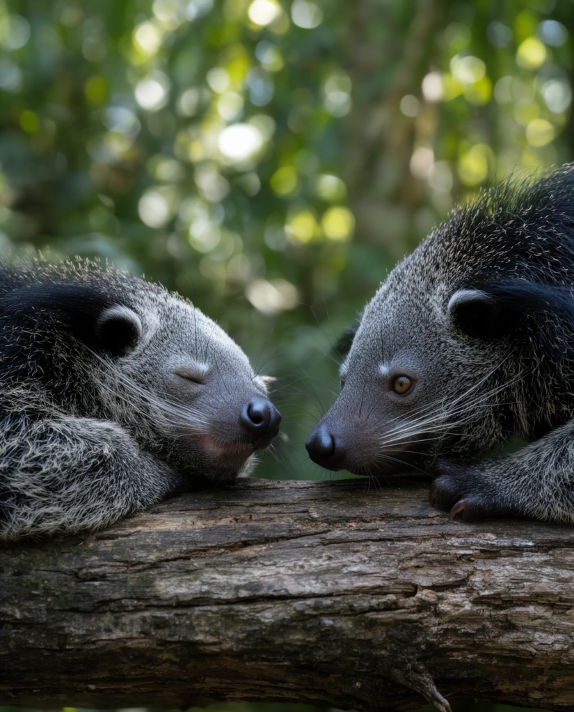 Two shaggy binturongs rest facing each other on a heavily textured horizontal log. The left animal lies with closed eyes and an upturned snout, while the right animal gazes toward it. Their coarse dark gray fur features frosted silver tips. A shallow depth of field sharply isolates the subjects against a deeply blurred forest canopy background filled with dappled sunlight bokeh. High-resolution wildlife photography with natural lighting.