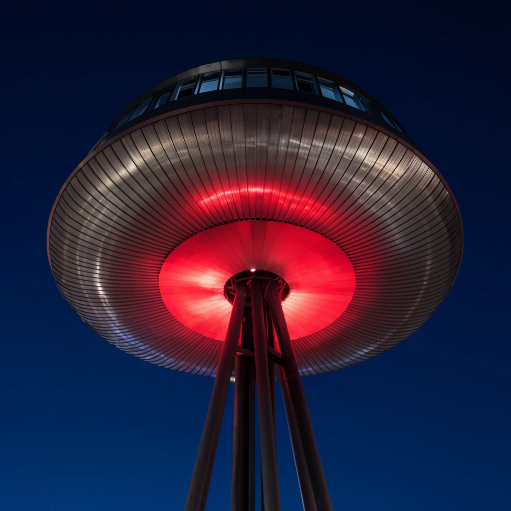futuristic observation tower at night, saucer-shaped top, glowing red underside, converging pillars, ribbed metal underbelly, dark blue sky, extreme low angle, architectural photography