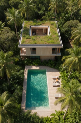 Lush Aerial Oasis style reference image — tropical modernism
