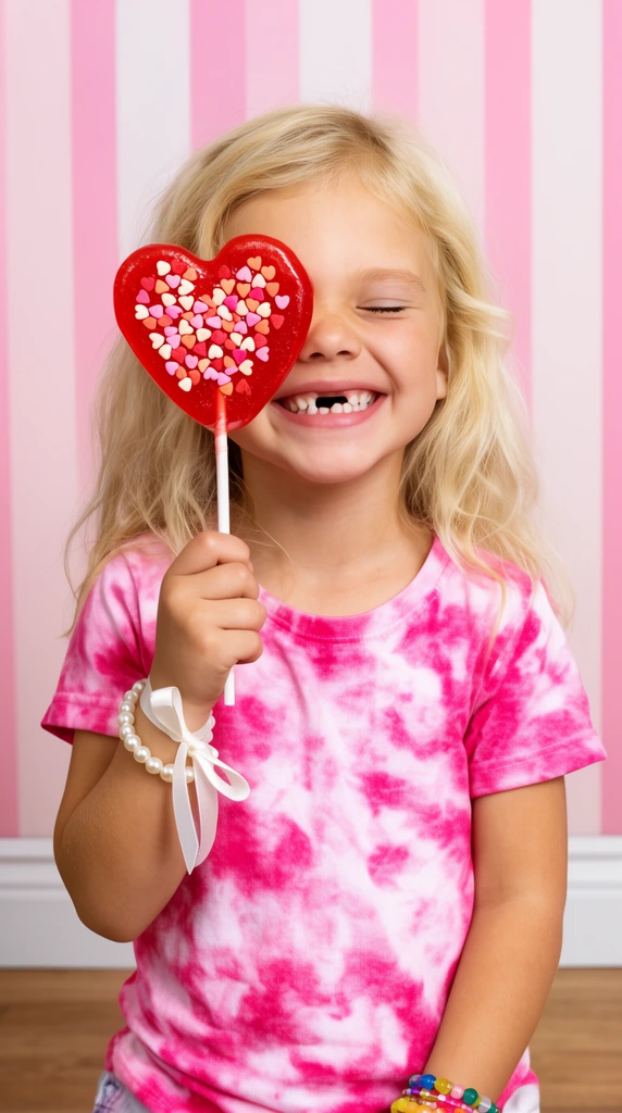 A young blonde girl smiles widely with eyes closed, revealing a missing front tooth. She holds a large red heart-shaped lollipop decorated with tiny heart sprinkles over her right eye. She wears a pink and white tie-dye t-shirt, a pearl bracelet with a white ribbon, and colorful beaded bracelets. The studio portrait features bright, even lighting against a background of vertical pink and white stripes above a white baseboard and wooden floor.
