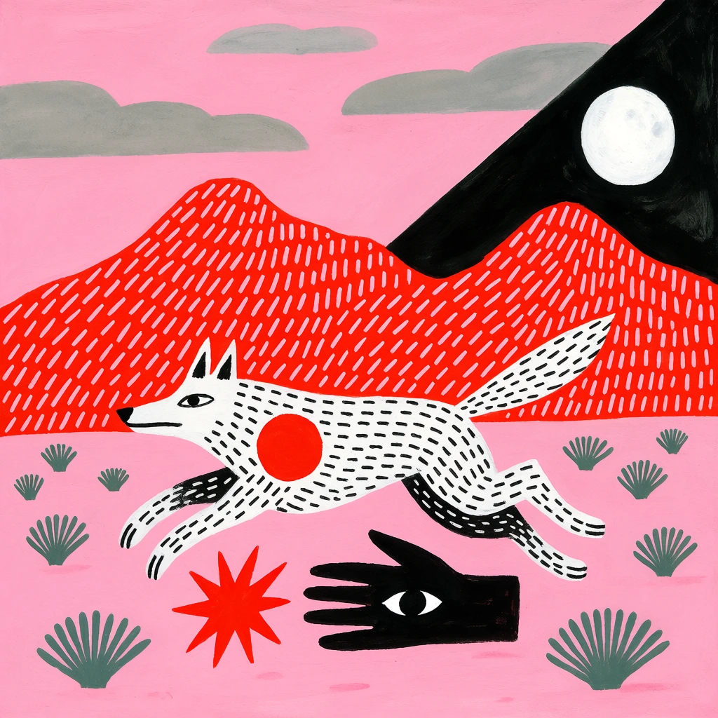 A stylized white wolf with black dashed markings and a prominent red circle on its shoulder floats mid-leap above a surreal desert landscape. Beneath the animal lies a bright red eight-pointed star and a black, hand-like silhouette containing a single white eye. The flat pink ground is sparsely dotted with fan-shaped grey-green shrubs. Behind the scene, rolling red mountains are heavily textured with diagonal white dashes. The sky is split diagonally, contrasting a soft pink expanse with flat grey clouds on the left against a stark black wedge holding a bright white full moon on the right. The artwork exhibits a naive, folk-art illustration style resembling a textured gouache painting, defined by bold graphic shapes, flat perspective, and a restricted color palette.