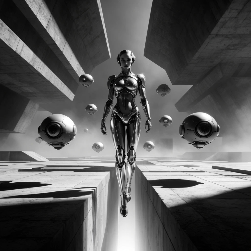 lone female cyborg floating above a deep glowing chasm, sprawling brutalist sci-fi plaza, sleek chrome armor panels, surrounded by hovering spherical sentinel drones, high-contrast monochromatic photography, extreme low-angle shot, massive geometric concrete structures towering overhead, dense volumetric fog, stark angular shadows, harsh structural lighting, strict symmetry