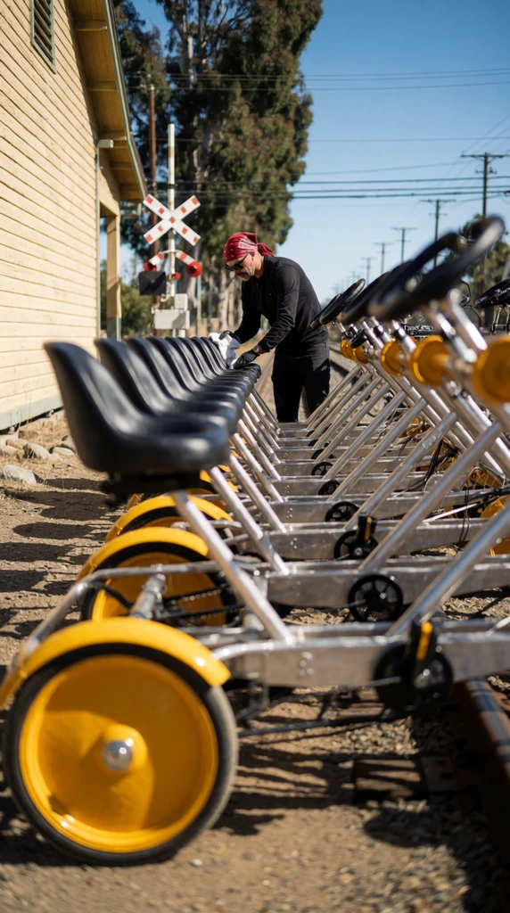 A line of pedal-powered railbikes rests on train tracks under bright natural sunlight, with a man wiping down a black bucket seat. Shot from a low angle with a shallow depth of field, the closest railbike is blurred in the foreground, creating strong leading lines along the silver metal frames and solid bright yellow flanged wheels. The man wears dark clothing, black gloves, sunglasses, and a red bandana while holding a white cloth to clean the side-by-side seating. To the left, a pale yellow building with horizontal wooden siding parallels the tracks. Tall green trees, utility lines, and a red-and-white striped railway crossing signal stand in the background beneath a clear blue sky, with crisp, high-contrast shadows cast across the dry dirt and wooden railway ties.