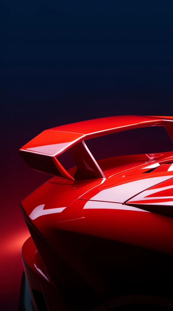 A glossy, vibrant red sports car spoiler and sloped engine cover under dramatic studio lighting. Intense specular highlights trace the aerodynamic, sharp geometric edges. The sleek automotive silhouette contrasts against a smooth gradient background fading from deep midnight blue to a subtle crimson glow.