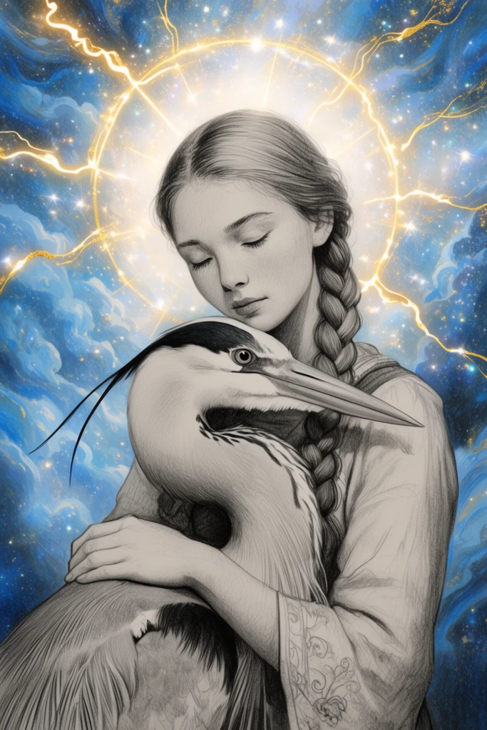 young woman with a thick braid tenderly embracing a large heron, monochromatic graphite sketch figures, vivid ethereal fantasy background, swirling blue cosmic clouds, glowing gold lightning arcs radiating from a bright halo behind her head, sparkling starlight, mixed media illustration, striking contrast between detailed pencil shading and luminous celestial lighting