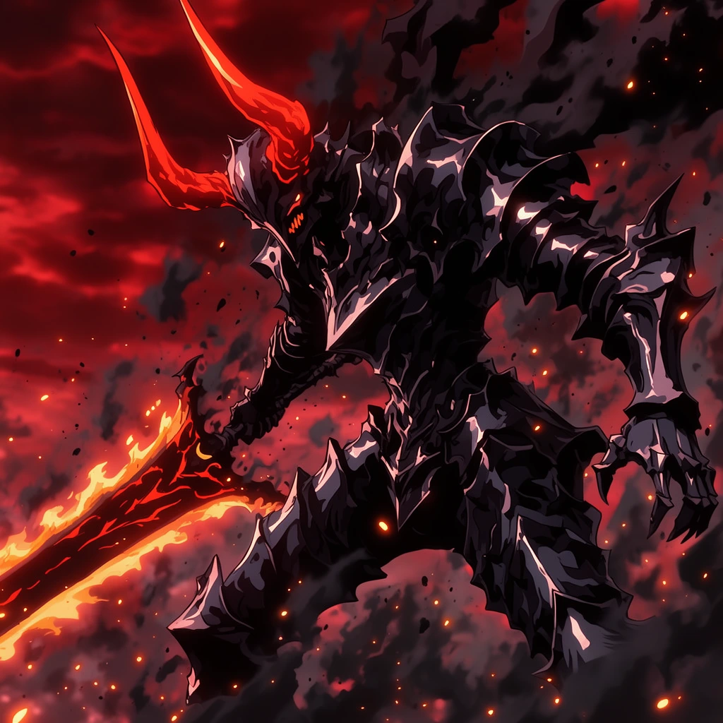 towering demonic knight, jagged obsidian armor, glowing crimson horns, floating mid-air in dynamic battle stance, gripping massive flaming greatsword, swirling black ash, glowing embers, blood-red stormy sky, intense cinematic anime art style, cell-shaded rendering, thick dark outlines, dramatic rim lighting, aggressive posture, high contrast shadows