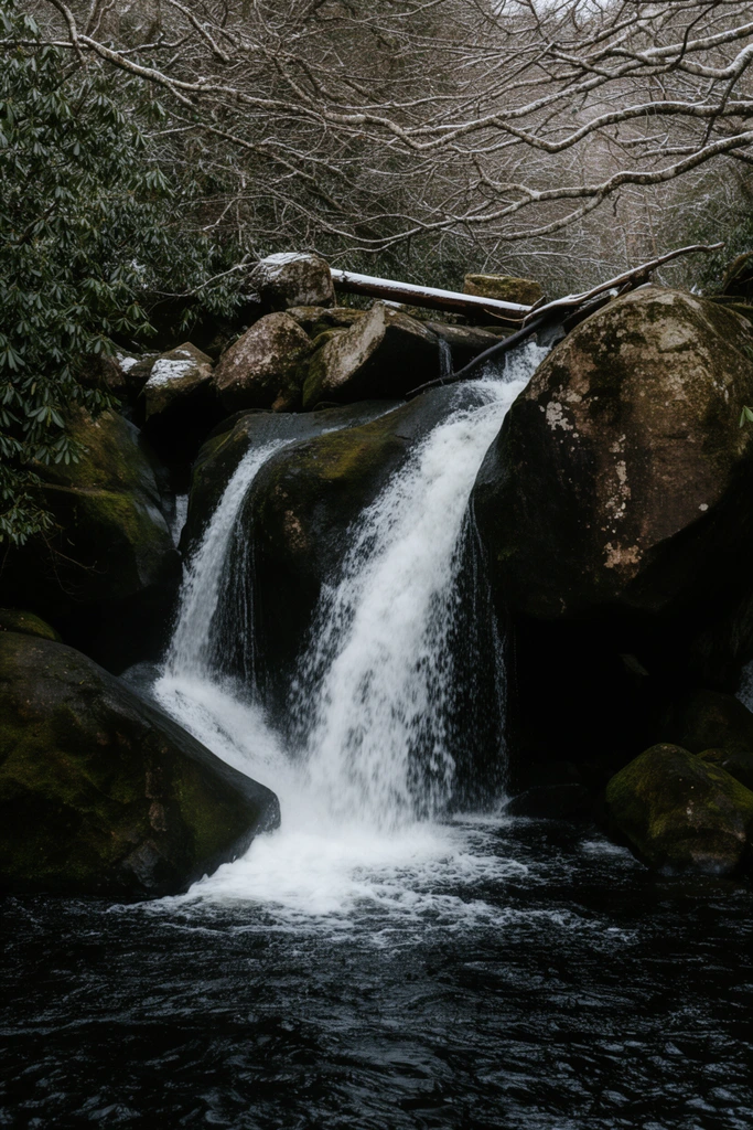 cascading waterfall plunging over massive dark boulders, stark white rushing water pouring into a churning black pool, patchy green moss on wet stones, bare tangled branches dusted with snow spanning the upper frame, evergreen foliage bordering the left, fallen log near the crest, moody landscape photography, high contrast, cool earthy tones