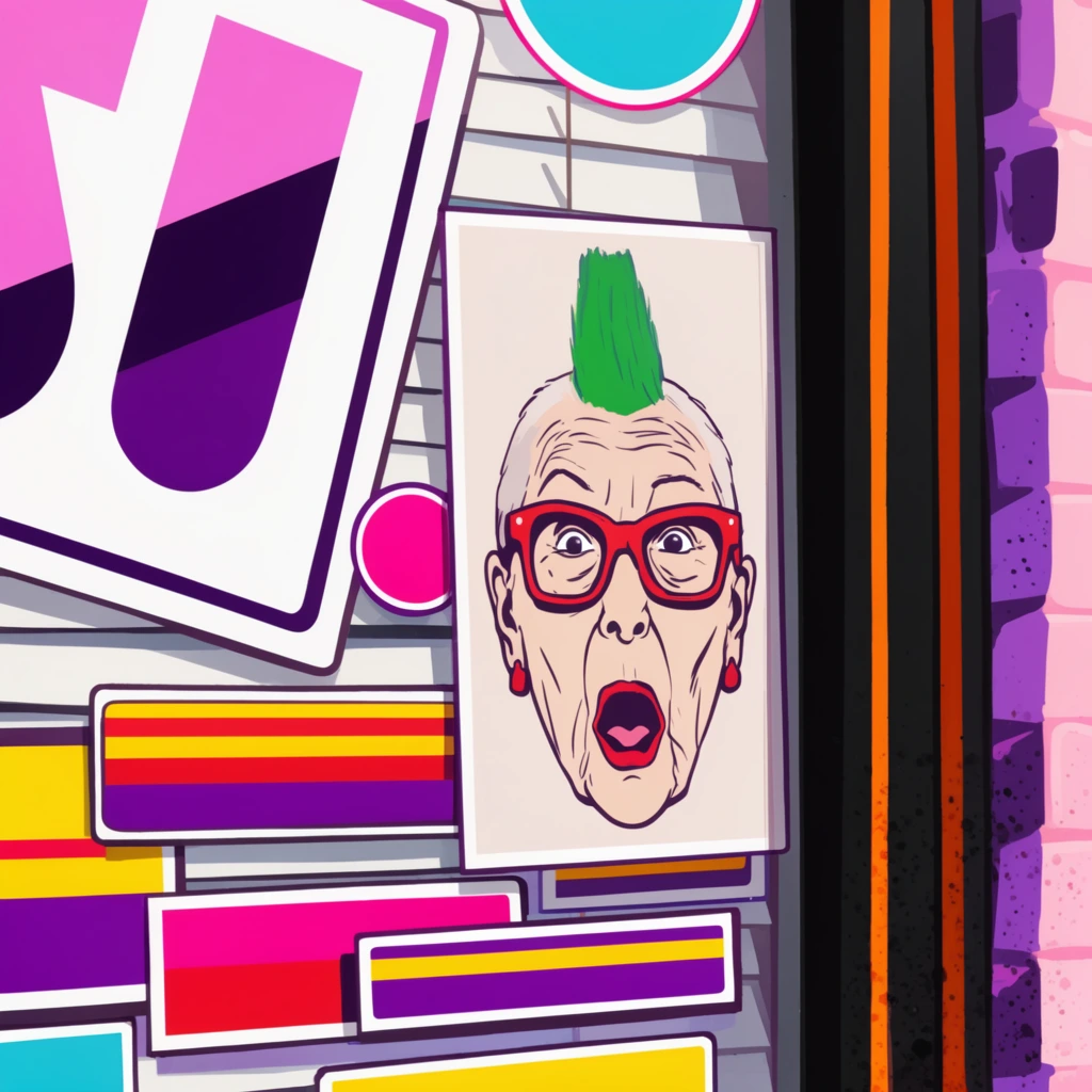 A tightly cropped storefront window is heavily plastered with overlapping rectangular decals and layered geometric placards. The focal point is a vertical, pale poster featuring a stylized illustration of an elderly woman with a bright green mohawk, thick red-framed glasses, and a dramatic gasping expression. Surrounding this portrait are brightly colored rectangular and circular stickers in bold magenta, yellow, and cyan. Large, angled white placards dominate the upper left, displaying prominent abstract shapes and stark contrasting bands in deep purple. Layered horizontal stickers below feature alternating stripes of yellow, red, and purple. The artwork employs a vibrant pop-art aesthetic with flat solid colors, horizontal shutter lines across the glass, and thick dark outlines. A thick black vertical door frame to the right is accented by an orange stripe and stylized purple shadows with speckled textures, set against a simplified pink brick wall.