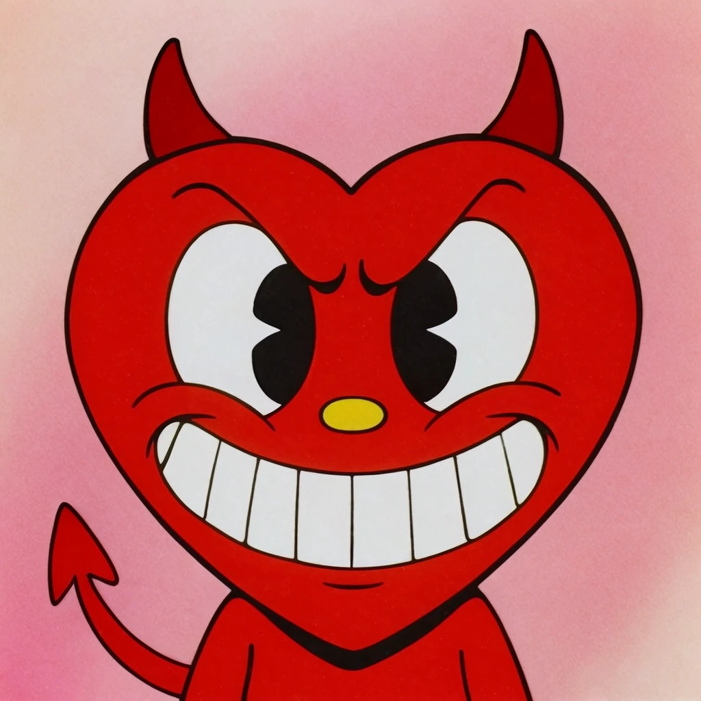 red heart-shaped cartoon character with devil horns and pointed tail, vintage 1930s rubber-hose animation style, large expressive white eyes with pie-cut black pupils, furrowed brow, wide mischievous grin with blocked white teeth, tiny yellow oval nose, bold black outlines, flat vibrant red coloring, soft pink gradient background, subtle film grain texture, retro aesthetic