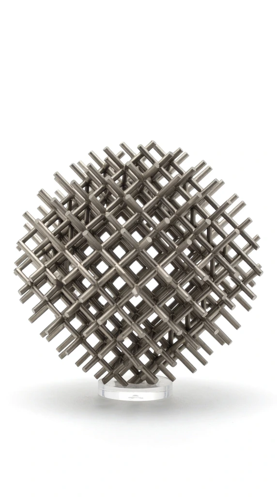 A spherical geometric sculpture formed by an intricate three-dimensional lattice of intersecting matte metallic rods. The steel-grey cylindrical bars cross at perfect right angles, creating a dense inner grid of hollow cubic voids bound by a precise spherical exterior. The architectural object rests on a small, transparent acrylic base against a pure white studio background. Soft, diffused lighting highlights the brushed metal texture and geometric shadows in a sharp, centered, minimalist composition.