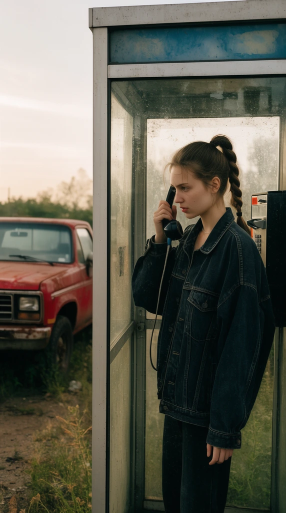 A young woman with a braided ponytail in a dark denim jacket stands inside a glass phone booth holding the receiver. A rusted red pickup truck parks on the overgrown dirt shoulder under a hazy sky.