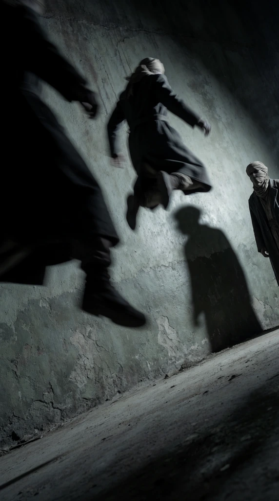 leaping figure suspended mid-air with severe motion blur wearing a long dark coat and light headwrap, heavy dark blurred shape in extreme foreground, standing figure on far right in dark coat and wrapped face covering, striking elongated human shadow cast on a distressed green-grey concrete wall, slanted ground plane from a dramatic Dutch angle, cinematic low-key lighting, stark directional shadows, desaturated palette of cool greys and deep blacks, eerie atmosphere