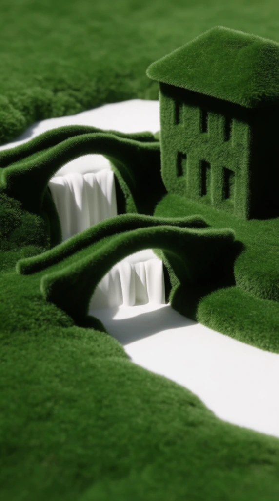 A miniature, surreal diorama featuring cascading waterfalls behind arched bridges and a waterside building, with the architecture and terrain entirely encapsulated in a dense, fuzzy, vibrant green moss texture. The arched bridges and the waterside building feature thick, soft, rounded edges dictated by the uniform, velvet-like green flocking covering every surface. The cascading waterfalls and the water basin below stand out as solid, purely matte white, absolutely smooth forms, contrasting sharply against the fibrous green environment. The banks and surrounding landscape maintain a seamless, continuous carpet of the deep green moss. The composition is framed from a high-angle, quasi-isometric perspective utilizing a macro tilt-shift lens, creating a shallow depth of field that heavily blurs the background and reinforces a tabletop architectural model aesthetic. Intense, highly directional lighting casts deep, crisp black shadows from the arched bridges and building structures onto the textured green ground, emphasizing the stark dual-tone palette of highly saturated verdant green and absolute white.