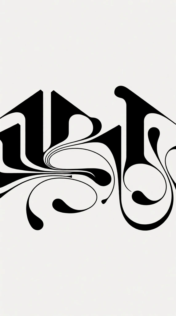 A horizontal abstract composition featuring solid black, fluid shapes against a flat off-white background. The central black elements showcase a rhythmic combination of thick vertical pillars and delicate, sweeping curvilinear tendrils. Several structures are capped with sharp, angled triangular forms, while the lower sections flow into elegant loops that curl back on themselves, ending in precise teardrop finials. The forms are intricately interconnected, creating a deliberate balance of positive and negative space with crisp, razor-sharp edges. The design emphasizes stark monochromatic contrast, blending rigid structural geometry with graceful, ornamental flourishes stretching horizontally across the center.