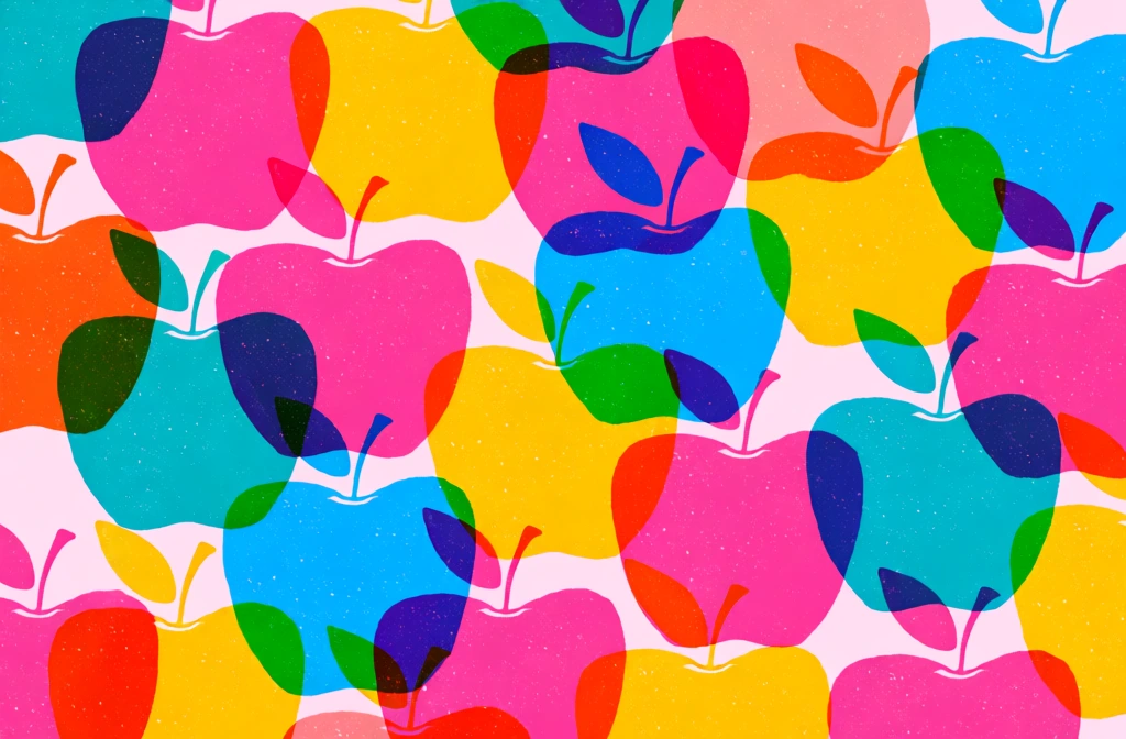 A vibrant digital art piece features a repeating pattern of translucent, multi-colored apples overlapping one another against a solid pale pink background. The composition is filled with dozens of stylized apples, each characterized by a rounded body, a short curved stem, and a single leaf pointing upwards. These fruits are rendered in a spectrum of saturated hues including magenta, cyan, canary yellow, bright orange, and lime green. Due to their semi-transparent quality, the apples create new colors where they intersect, resulting in shades of violet, deep blue, and amber. The apples are organized in a dense, staggered grid of roughly four columns and six rows, with each element slightly offset from the one above it. A fine, grainy texture is visible across the surface of the fruit, accompanied by small white speckles that mimic the natural lenticels on an apple's skin. The lighting is flat and uniform across the entire image, lacking any cast shadows or directional highlights, which emphasizes the graphic, two-dimensional nature of the work. The perspective is a direct, front-on view, and the overall style blends elements of pop art with minimalist digital illustration through the use of an overprinting or double-exposure effect.