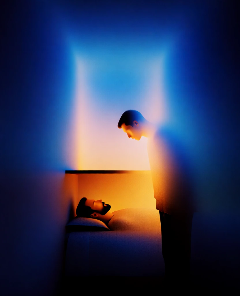 minimalist transcendental abstraction, a standing man leaning into a vertical glowing aperture of blinding orange light, looking down at a bearded man lying on a bed beneath a small shelf, high-contrast chiaroscuro, vibrant cadmium yellow and deep indigo blue palette, ethereal diffuse glow, soft-focus atmospheric haze, sharp horizontal dividing line, fine digital grain, cinematic voyeurism, interior scene bathed in warm light within a deep blue peripheral void