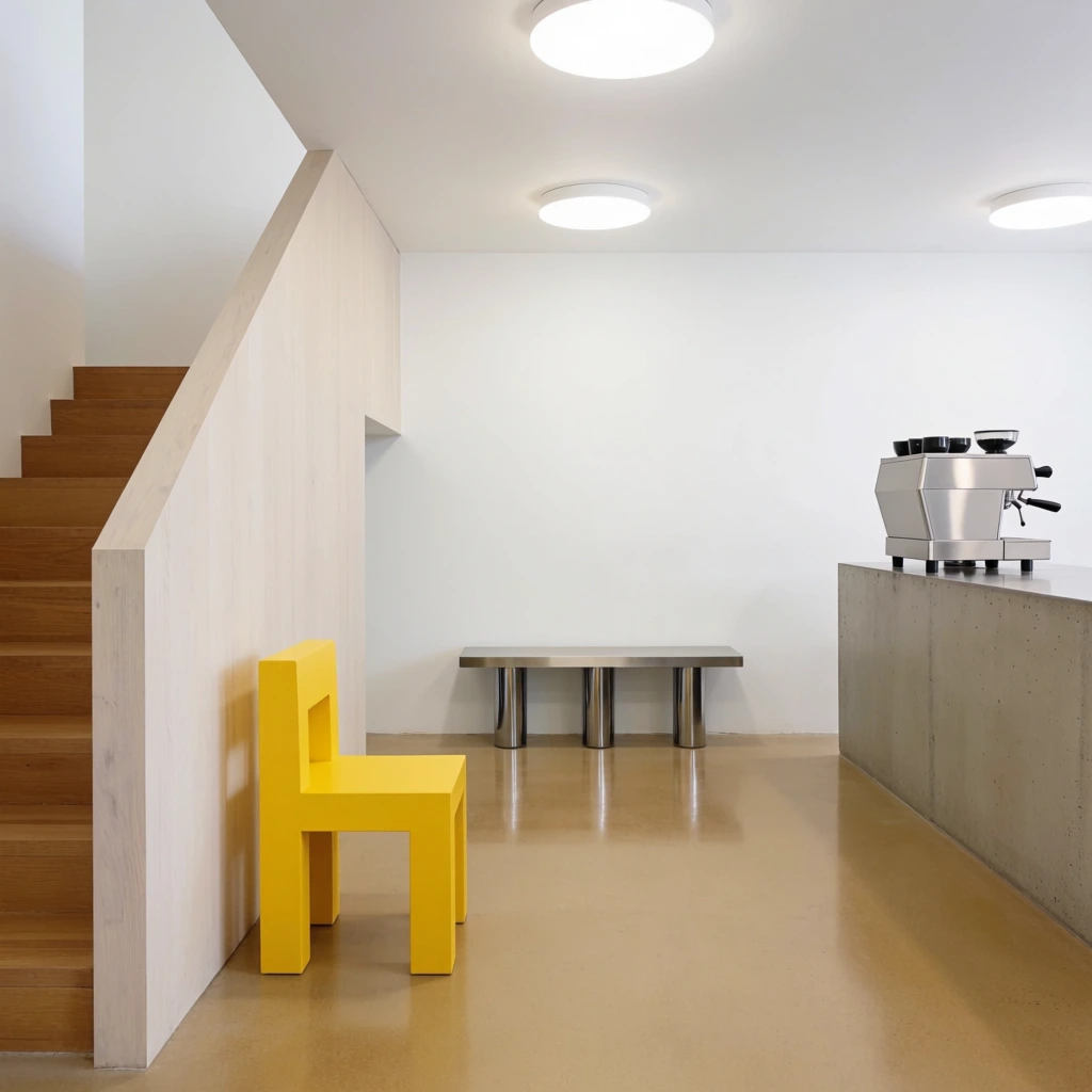 A brightly lit minimalist interior features stark geometric forms punctuated by a vibrant yellow blocky chair. The chair rests against a pale wood partition beside a wooden staircase. Across the polished tan floor, a concrete counter holds a stainless steel espresso machine. A narrow bench with three polished chrome legs stands nearby. Circular ceiling lights illuminate the white walls and crisp architectural lines.